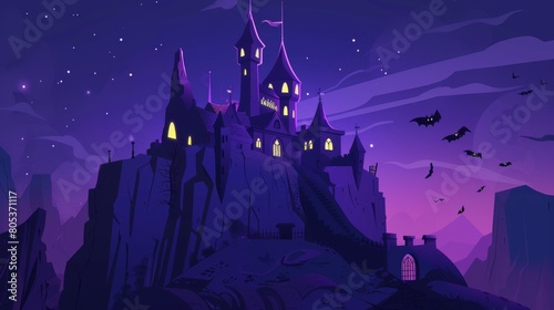 Fantasy Dracula home with pointed tower roofs, glowing windows, and bats flying in dark sky. Dreadful castle on rock at night, haunted gothic palace in mountains, cartoon modern illustration. photo