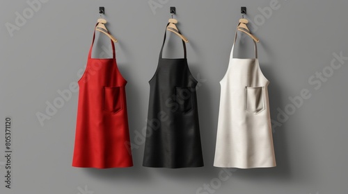 3D modern mockup of chef aprons wearing black, red, and white cook uniforms on hangers. Realistic mockups of kitchen bibs, pinafores, and party wear isolated on white background. Restaurant, cafe, photo