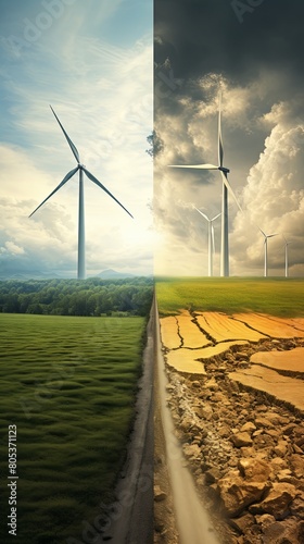 The image shows two landscapes. One side is green and full of life, with windmills spinning in the wind. The other side is a desert, with cracked earth and dead trees.