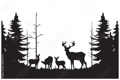 Black silhouette of deer family with baby and forest fir trees wildlife adventure