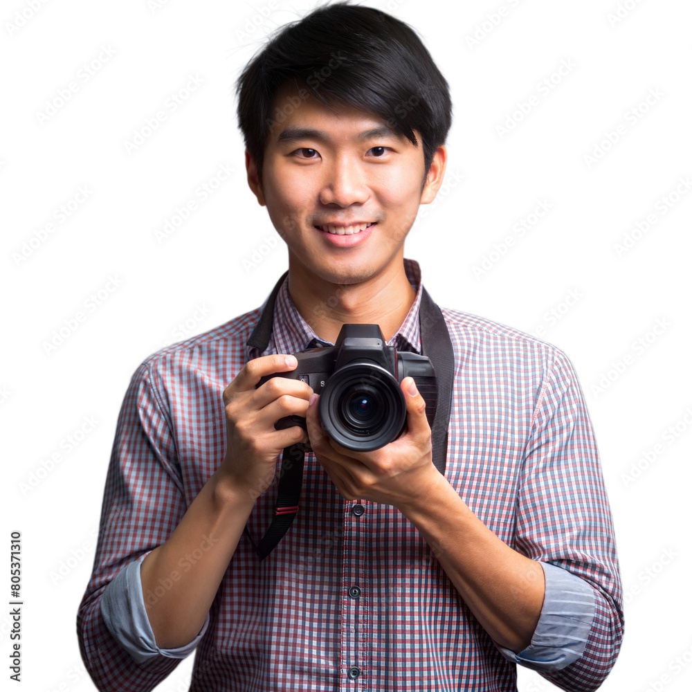 A cheerful man with a camera, preparing to take a photo A cheerful man with a camera, preparing to take a photo