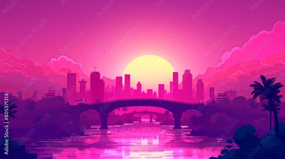Typical city skyline with skyscrapers on the horizon and highways overpassing a lake or river at sunset. Modern cartoon landscape of sea, island, and city skyscrapers in pink early morning light.