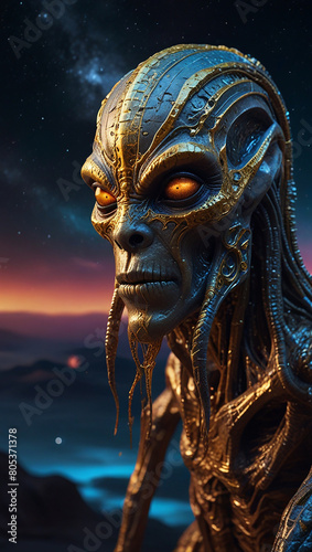 a strange space alien creature, with a golden metallic color and crystal elements 010