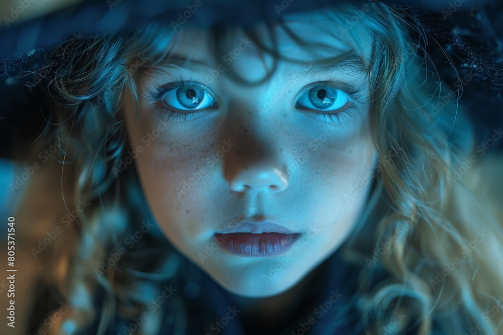 A detailed portrait of a young girl with captivating blue eyes and curly hair lit in a blue tone A detailed portrait of a young girl with captivating blue eyes and curly hair lit in a blue tone