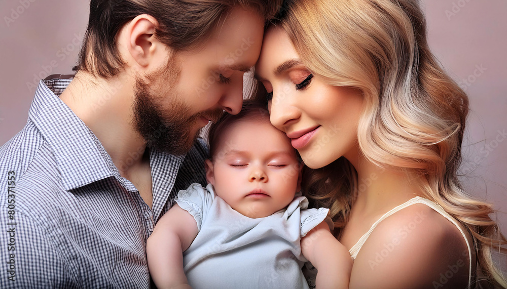 A serene portrait of parents with their happy, peaceful, and calm baby A serene portrait of parents with their happy, peaceful, and calm baby