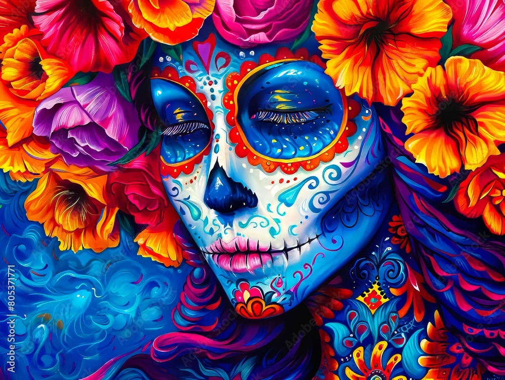 A painting of a woman with colorful sugar skulls and flowers.