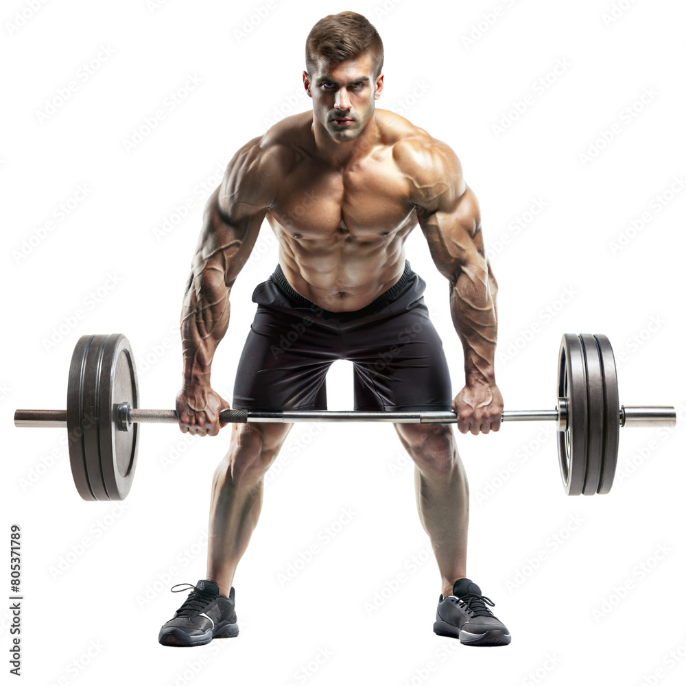 A well-built man lifting a loaded barbell with focus and strength A well-built man lifting a loaded barbell with focus and strength