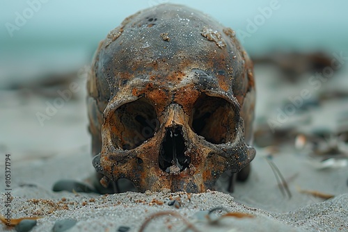 A rusted human skull on a pebble-filled beach with a soft focused misty background