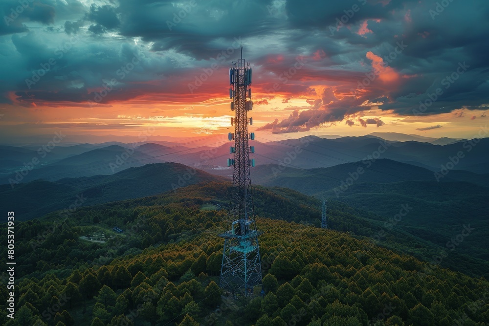 Obraz premium A majestic sunset casts a fiery glow over a communication tower surrounded by a serene forest landscape