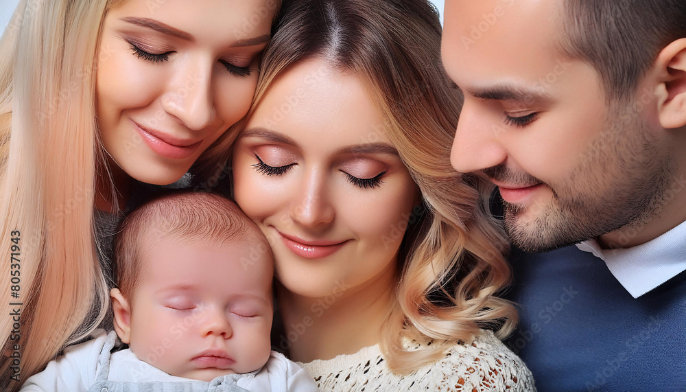 A serene portrait of parents with their happy, peaceful, and calm baby A serene portrait of parents with their happy, peaceful, and calm baby