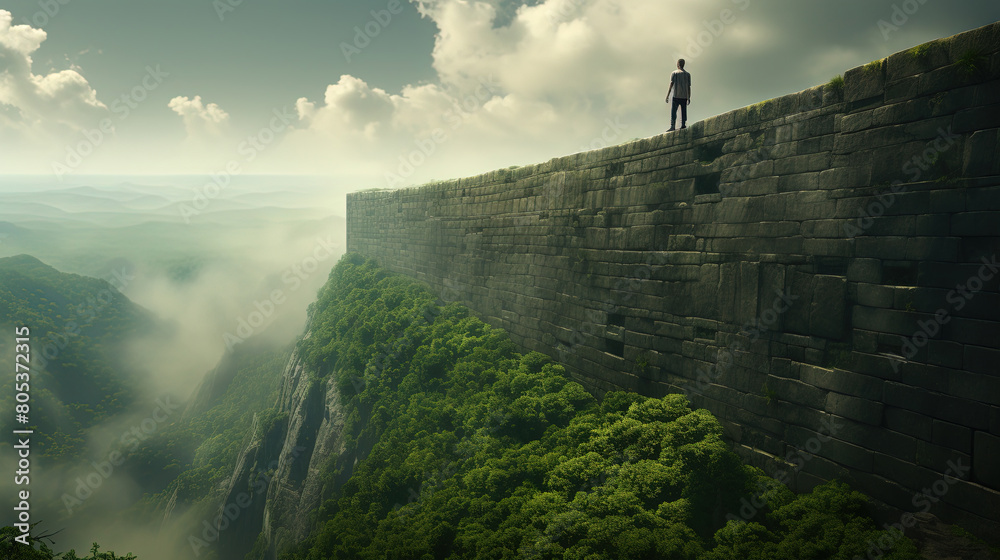 Fototapeta premium A Man is Standing On Top Off The Big Rock Wall in Forest Landscape Background