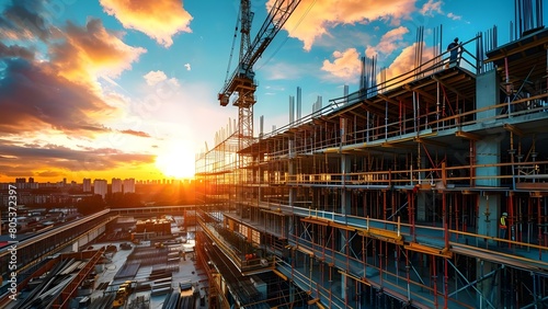 Construction site of a large building with metal structure at sunset. Concept Construction Site  Large Building  Metal Structure  Sunset Views