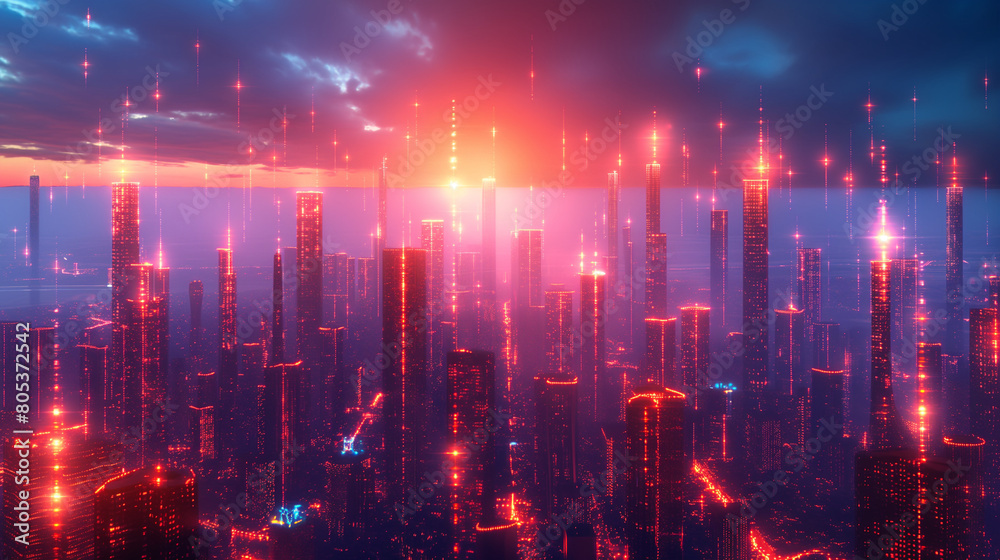 Panorama view of Metaverse, Futuristic city light background. Digital technology Concept Background.
