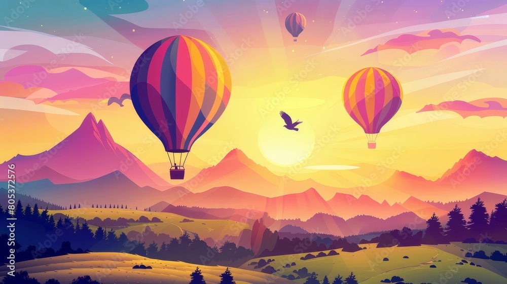 Animated hot air balloon flyers with a person in sunglasses in a basket flying above fields in a mountain valley at sunset. Modern flyers with cartoon evening landscapes and colorful airships with a Animated hot air balloon flyers with a person in sunglasses in a basket flying above fields in a mountain valley at sunset. Modern flyers with cartoon evening landscapes and colorful airships with a