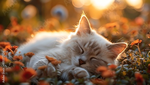 Fluffy white cat dozing in a sunlit garden, soft focus, morning light photo