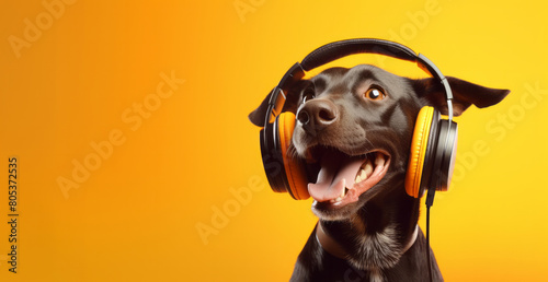 Cute dog wearing big headphones listens to music against yellow background with copy space, sound therapy concept for animals photo