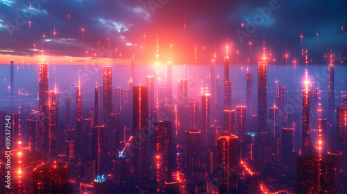 Panorama view of Metaverse, Futuristic city light background. Digital technology Concept Background.