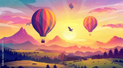 Animated hot air balloon flyers with a person in sunglasses in a basket flying above fields in a mountain valley at sunset. Modern flyers with cartoon evening landscapes and colorful airships with a