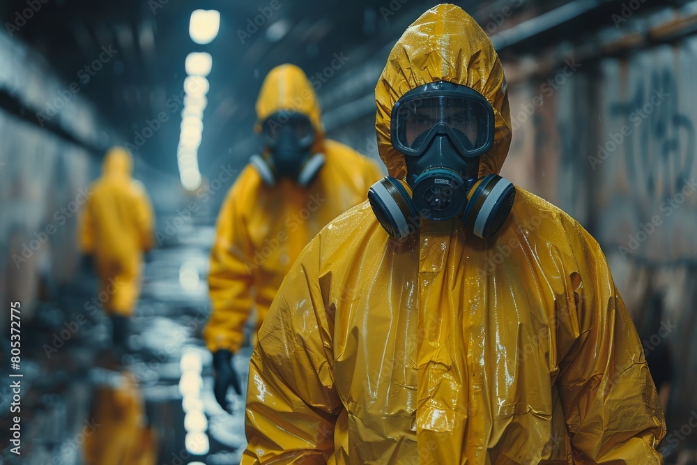 A hazmat team advances through an industrial tunnel, illuminated by ceiling lights, possibly during a crisis response A hazmat team advances through an industrial tunnel, illuminated by ceiling lights, possibly during a crisis response