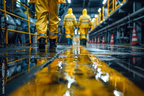 Wallpaper Mural View from behind as a hazmat team walks on a reflective wet floor, possibly in an industrial facility, emphasizing urgency Torontodigital.ca