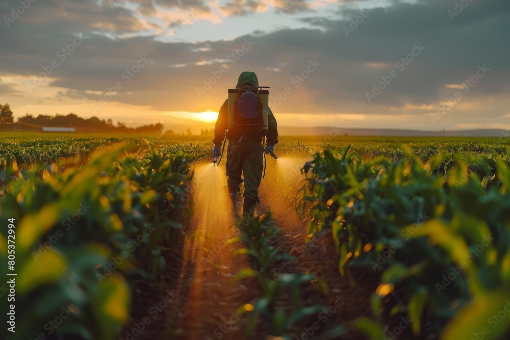 Fototapeta premium A lone hiker with a backpack treks along a path through lush corn plants, illuminated by a warm, radiant sunset in the countryside