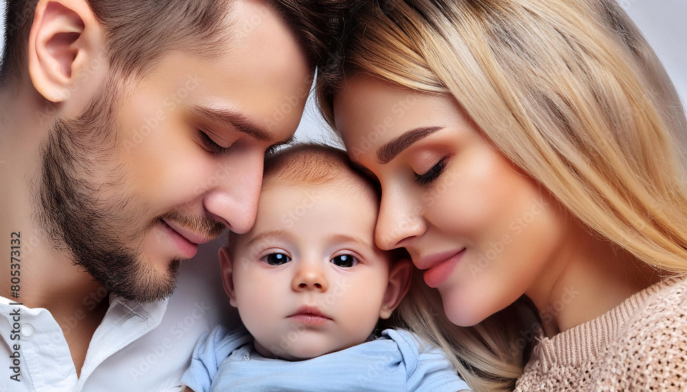 A serene portrait of parents with their happy, peaceful, and calm baby A serene portrait of parents with their happy, peaceful, and calm baby