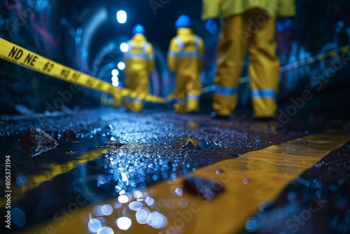 Reflective view of emergency workers cordoned off an area at night, amidst wet conditions and colorful lights photo