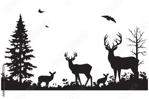 Black silhouette of wild forest woods animals deer and forest fir spruce trees
