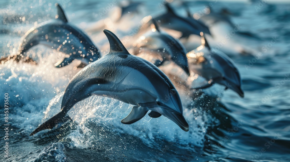 Close-up of dolphins jumping out of deep blue sea
