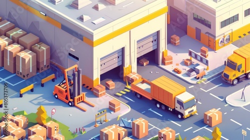 This modern banner depicts a warehouse, a truck, a forklift and cardboard boxes. It is a landing page for storage and distribution logistics with an isometric illustration of a warehouse. photo