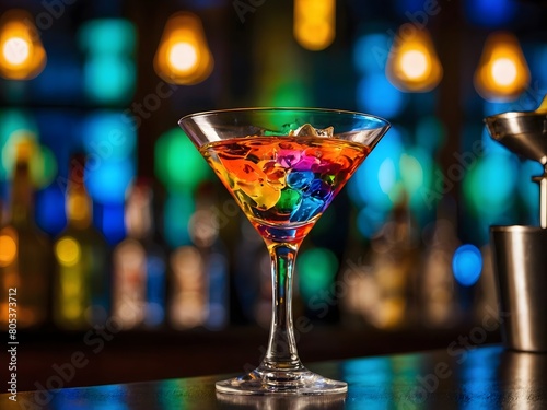 Martini Magic, Marvel at the burst of color as a cocktail splashes into a martini glass, adding an artistic touch to the bar counter.