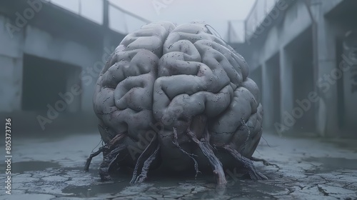 A surreal depiction of a giant, rooted brain positioned in a desolate, abandoned environment