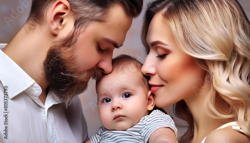 A serene portrait of parents with their happy, peaceful, and calm baby