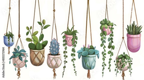 In this modern cartoon set you can find house plants in hanging pots and planters in macrame hangers, to decorate your home.
