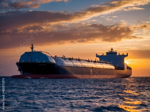 Massive LNG Tanker Drifting Across Peaceful Seas at Sunset, Representative of Worldwide Fuel Sector.
