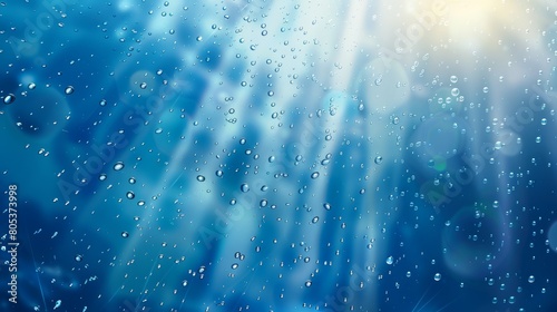 The condensation of water on a blue background, with light reflections on the window surface, abstract wet texture, blobs of pure aqua, backdrop, realistic 3D modern illustration photo