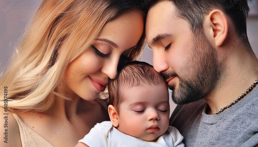 A serene portrait of parents with their happy, peaceful, and calm baby A serene portrait of parents with their happy, peaceful, and calm baby