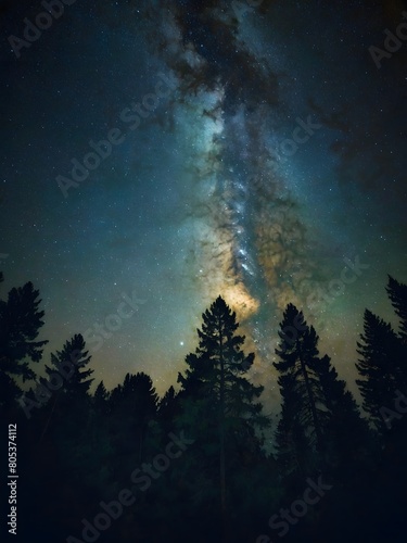 masterpiece capturing the magic of a starry night, with the Milky Way stretching across the sky and a canopy of trees silhouetted against the darkness in a vintage manner.