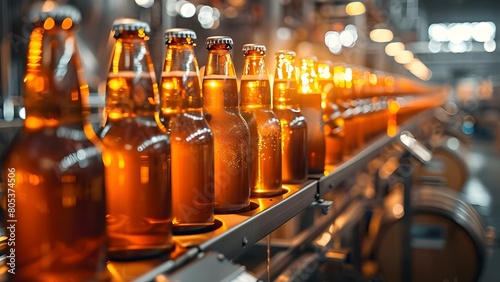 Modern beer bottling production line at a brewery with a blurred background. Concept Beer Bottling  Production Line  Brewery  Blurred Background  Modern Technology