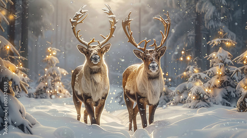 illustration two reindeers in a snowy night in the forest 