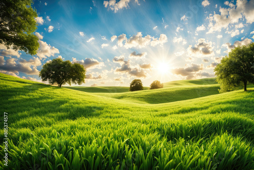 Green Field Landscape with some Trees and Blue Sky on Bright Sun Light 