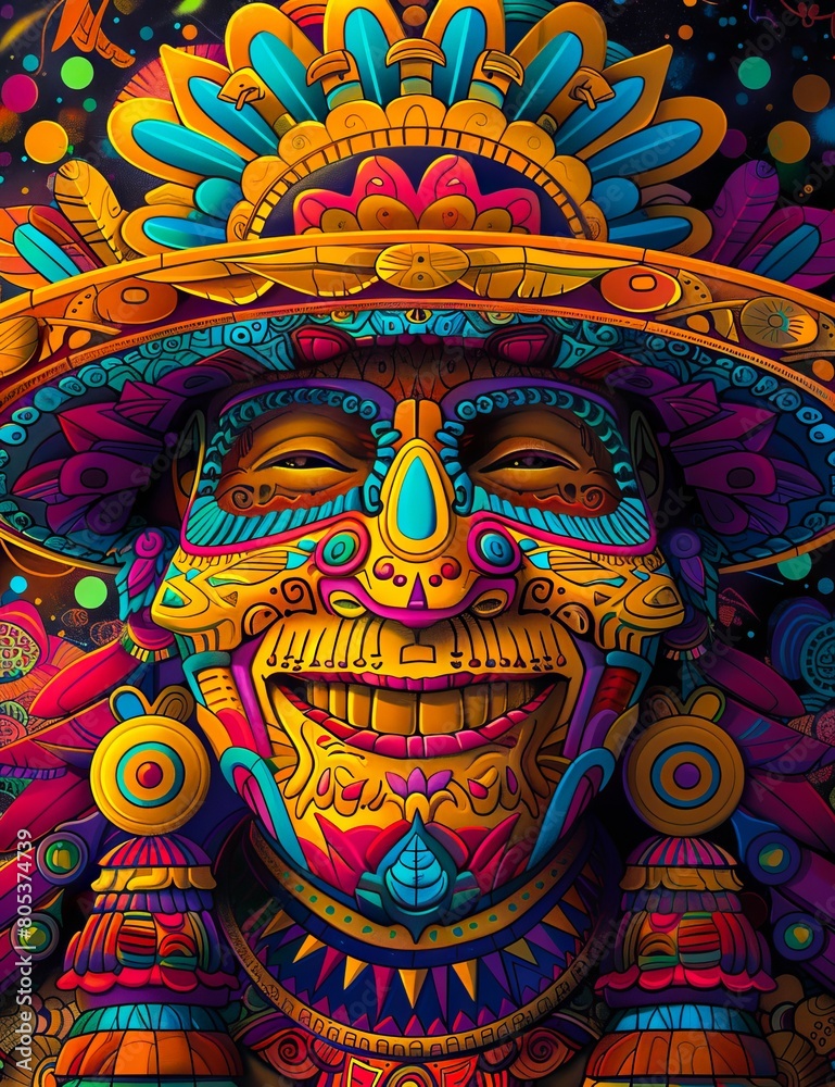 A colorful painting of a man with a hat.