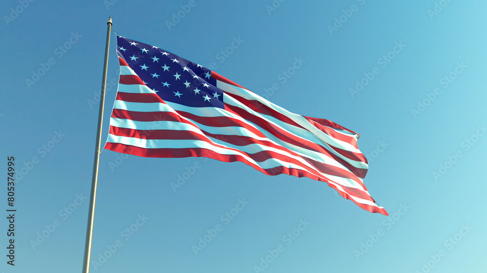 An American flag flying proudly against a clear blue sky, independence day 4th July An American flag flying proudly against a clear blue sky, independence day 4th July