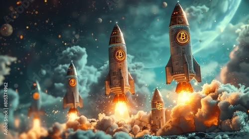 Rocket Launch with Bitcoin A rocket blasting off with a Bitcoin symbol on its side photo
