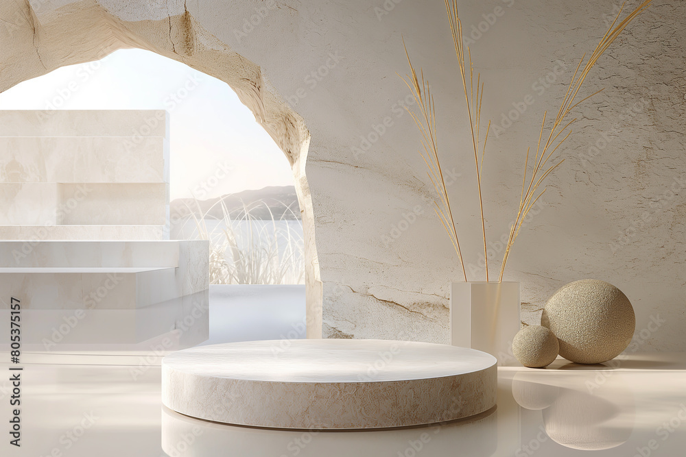 Obraz premium 3d rendering of a podium with a pampas grass and a rock formation in the background