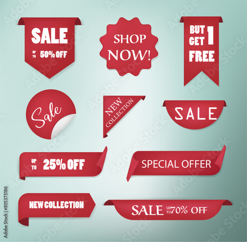 Set of banner elements, discount tag collection, special offer. Modern yellow and red sale website stickers on a gray abstract background, color web page design