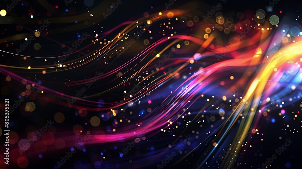 Naklejka premium Abstract background with colorful glowing lines and bokeh lights on a dark black space, depicting a futuristic technology concept.
