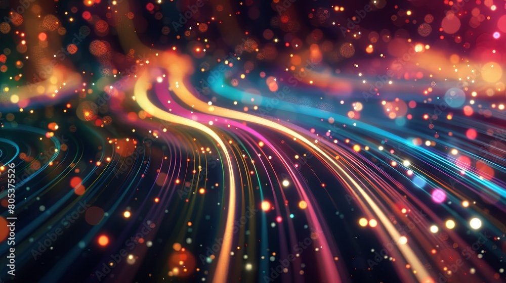 Abstract background with colorful glowing lines and bokeh lights on a dark black space, depicting a futuristic technology concept.