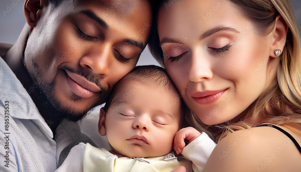 A serene portrait of parents with their happy, peaceful, and calm baby A serene portrait of parents with their happy, peaceful, and calm baby