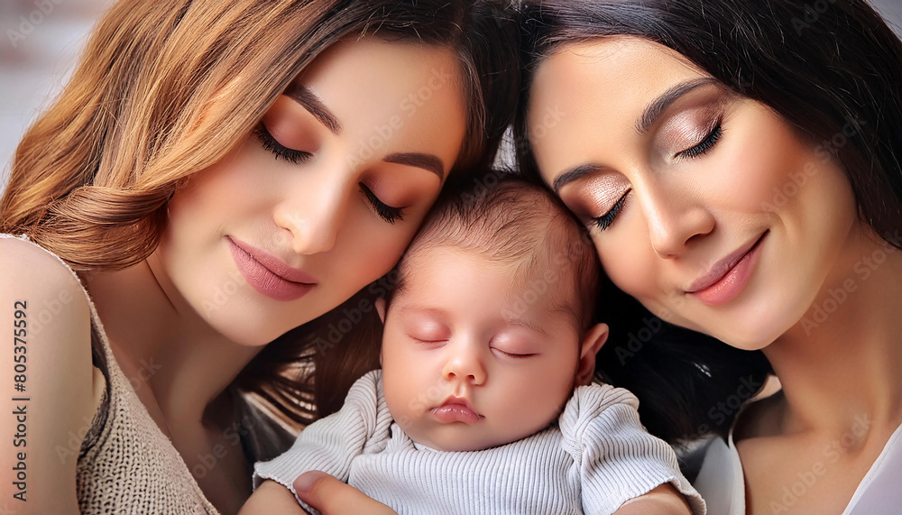 A serene portrait of parents with their happy, peaceful, and calm baby A serene portrait of parents with their happy, peaceful, and calm baby